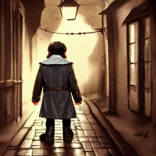 Image similar to brown haired halfling private investigator walking down a Victorian rainy alley in a trenchcoat , artstation, detailed, hyper realistic, 8k, digital art, cinematic