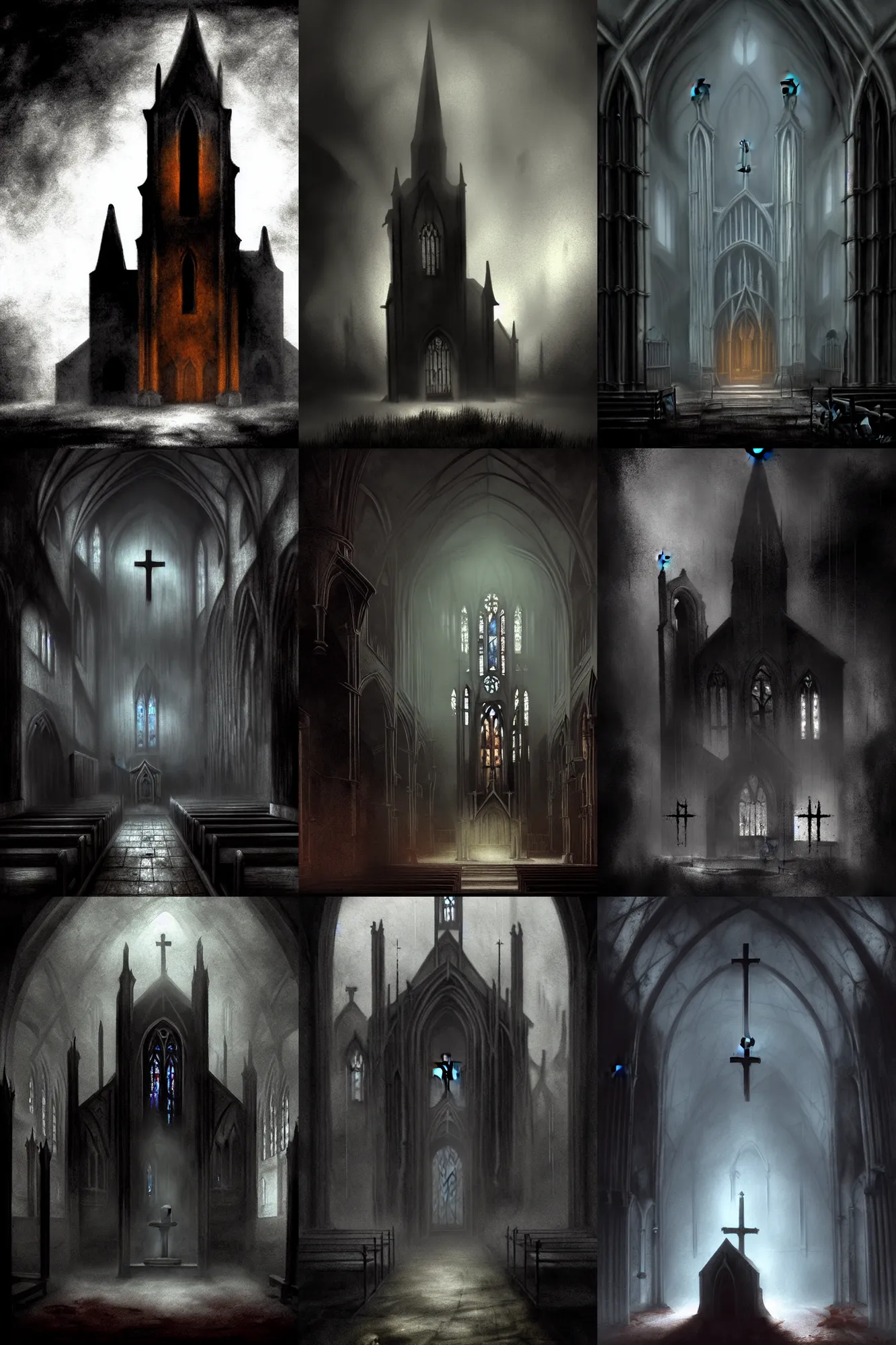 Prompt: a ghostly gothic church, smooth, digital painting, doom slayer, rusty metal walls, broken pipes, dark colors, muted colors, tense atmosphere, church cathedral, mist floats in the air, amazing value control, muted colors, moody colors, dramatic lighting, in the style of frank frazetta, doom video game