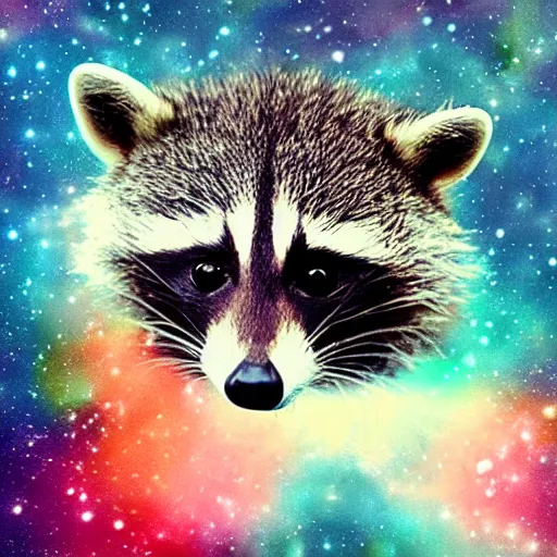 Prompt: confused raccoon floating through the cosmos, poorly photoshopped,