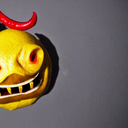 Image similar to realistic photo of a lemon with an evil smile, sharp teeth, black eyes and red demon horns, lemon demon