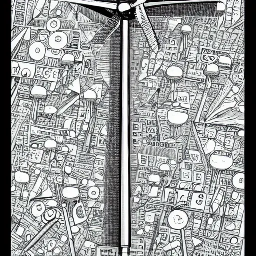 Prompt: Simplistic comic illustration of a wind turbine blueprint, black ball pen on white paper, by Josan Gonzalez and Geof Darrow