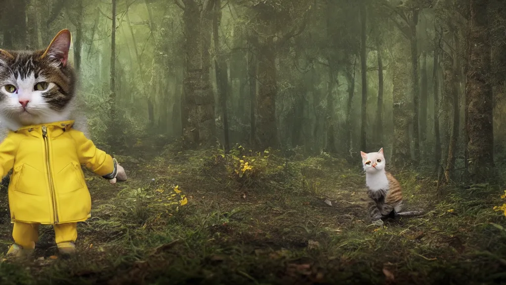 Prompt: portait of a cute humanoid cat wearing a yellow raincoat, venturing through a dense forest, carrying a rifle. realistic 4 k octane render, epic composition, magical atmosphere, ultra hd, masterpiece by petros afshar and rembrandt, trending on artstation, looking back over shoulder, pastel colors, extremely detailed, gorgeous