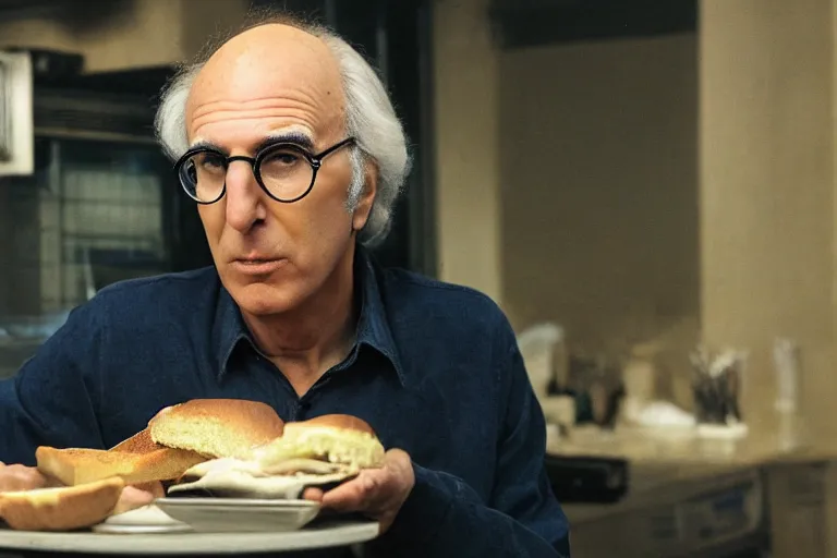 Prompt: larry david eating a sandwich, horror film still, dark atmosphere, found footage, nightmare, unsettling, cinematic
