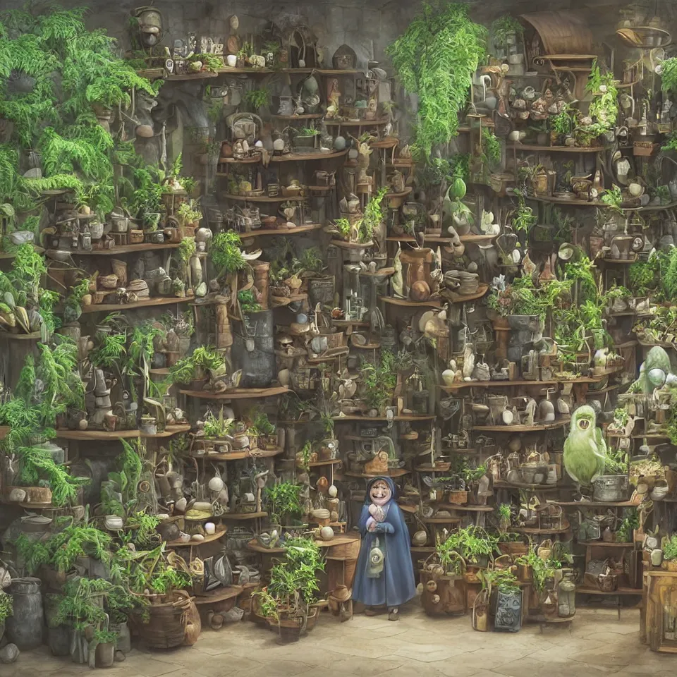 Image similar to small witch shop, counter, cauldrons, potions, visitor!!! in a pointy hat!!, holding an owl, ferns and plants in pots, highly detailed, sharp focus, matte painting, by studio ghibli, by giovani magana,