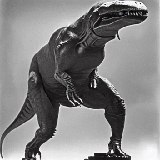 Prompt: t - rex with human arms, taken with a film camera in 1 9 3 0