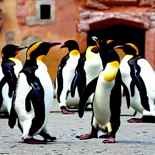 Prompt: penguins in conquistador armor visit rome