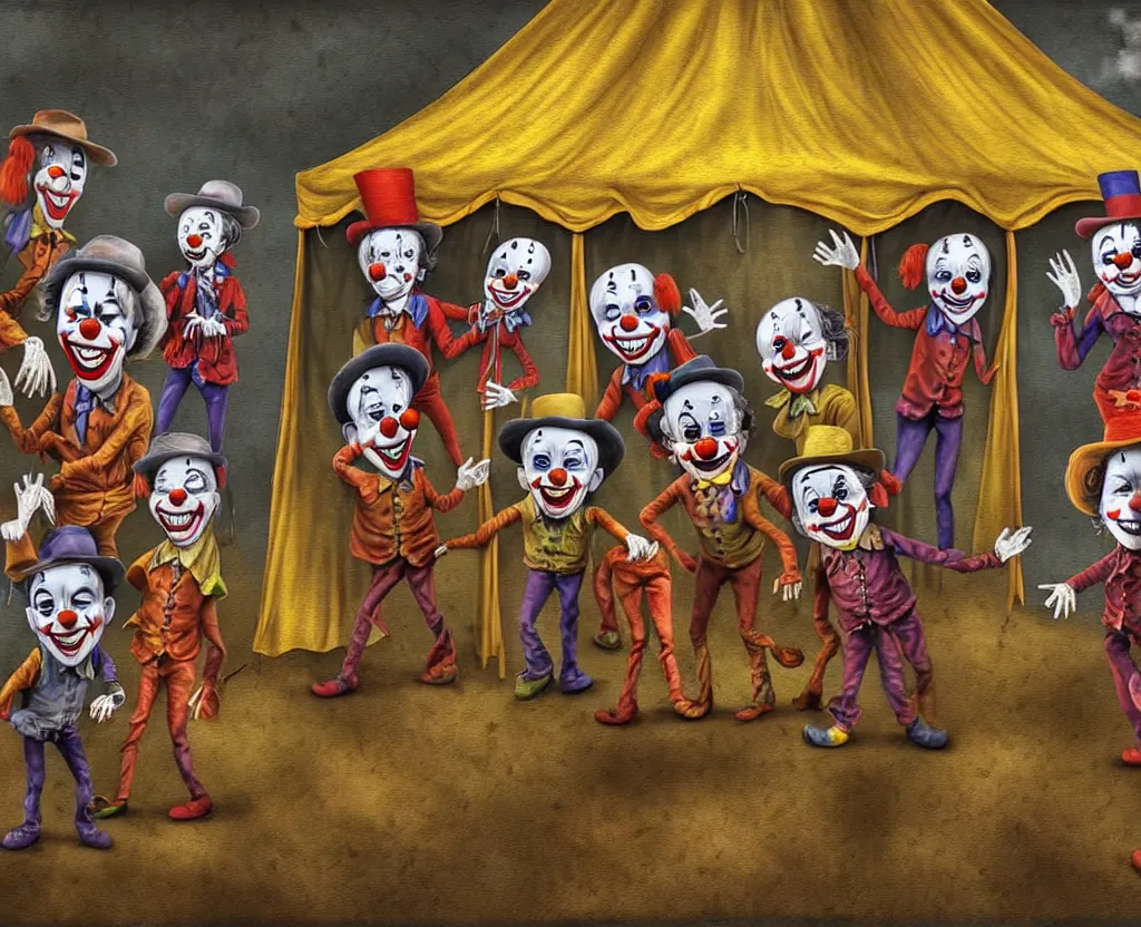 Prompt: dirty - looking clowns with unseemly intentions lining up at the entrance to a suspicious circus tent, disturbing digital painting, high detail