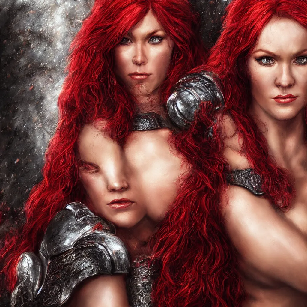 Image similar to hyper realistic photo of red sonja portrait, cinematic