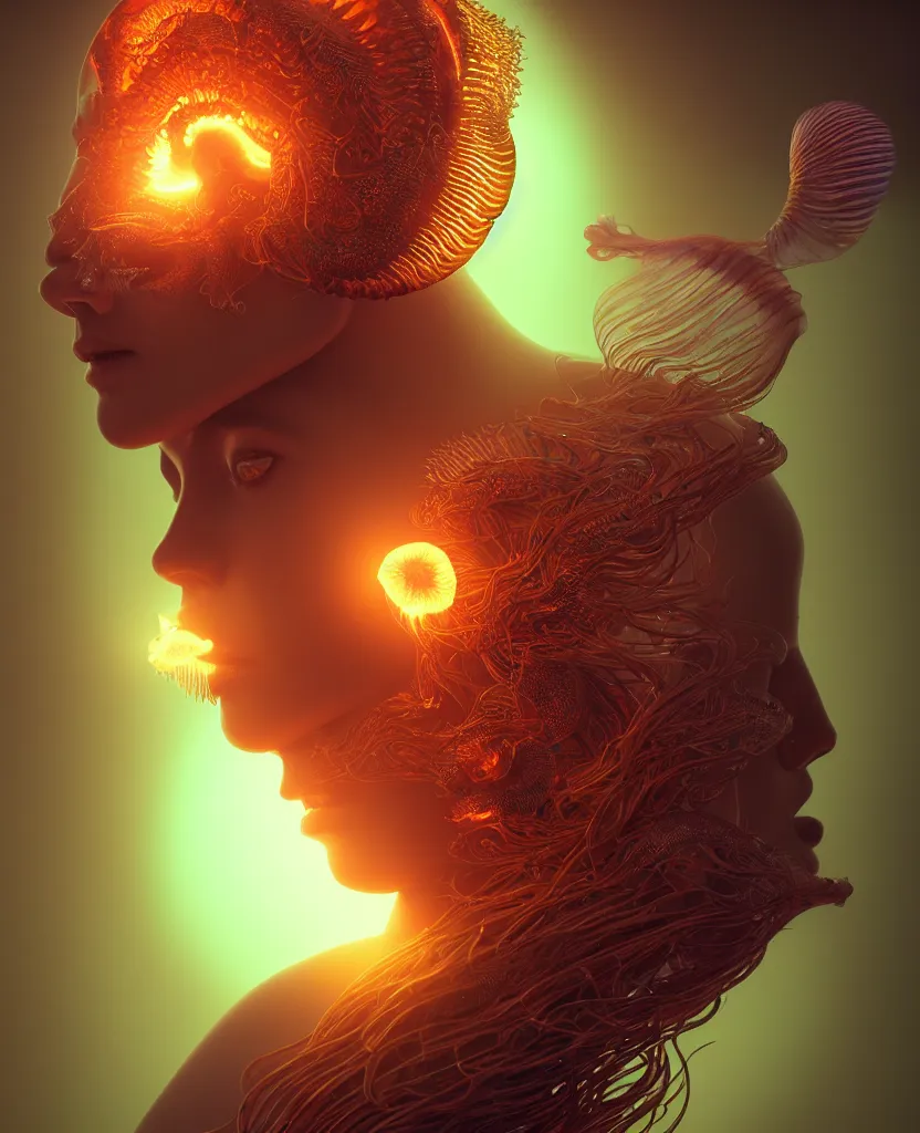 Image similar to goddess close-up portrait. orchid jellyfish phoenix head, nautilus, skull, betta fish, bioluminiscent creatures, intricate artwork by Tooth Wu and wlop and beeple. octane render, trending on artstation, greg rutkowski very coherent symmetrical artwork. cinematic, hyper realism, high detail, octane render, 8k