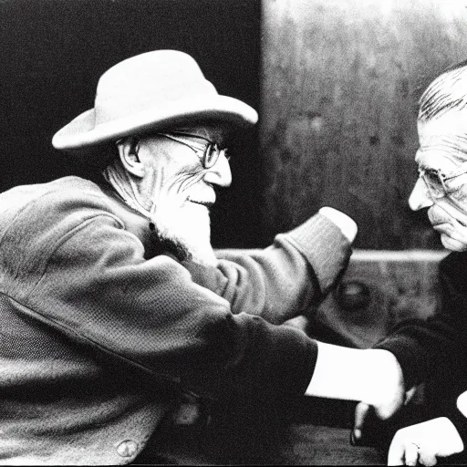 Image similar to James Joyce arm wrestling Samuel Beckett, photorealistic in the style of ansel adams
