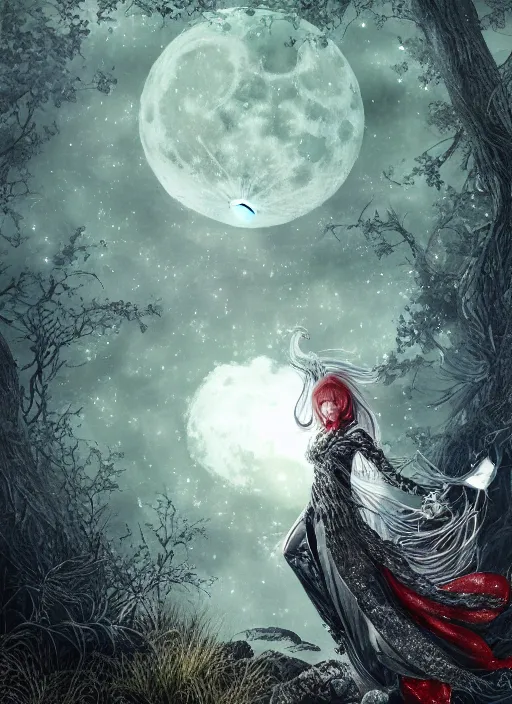 Image similar to glowing silver and golden elements, portrait, A beautiful dark witch in front of the full big moon, book cover, green forest, red white black colors, establishing shot, extremly high detail, foto realistic, cinematic lighting, pen and ink, intricate line drawings, by Yoshitaka Amano, Ruan Jia, Kentaro Miura, Artgerm, post processed, concept art, artstation, matte painting, style by eddie, raphael lacoste, alex ross