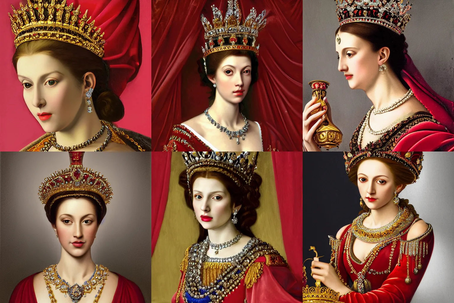 Image similar to A extremely highly detailed majestic hi-res beautiful head and shoulders painting of a beautiful woman wearing a long royal red silk dress, the crown jewels is on her head and she is holding a golden goblet and around her neck is a ornate golden necklace decorated with diamonds and rupees by Michelangelo Merisi da Caravaggio, high detail, hyperrealistic, photorealistic, octante render, cinematic, high textures, royaltly, royal, hyper sharp, 4k insanely detailed and intricate, hypermaximalist, 8k, hyper realistic, super detailed, 4k HDR hyper realistic high,