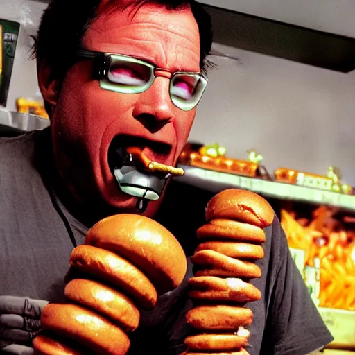 Prompt: cyborg dril eating hot dogs, photograph