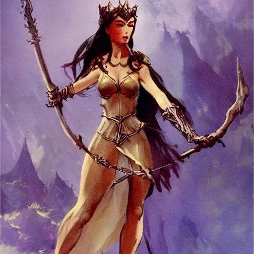 Image similar to elven princess character portrait by frank frazetta - wearing a dress, holding a staff, fantasy, dungeons & dragons, sharp focus, beautiful, artstation contest winner, detailed