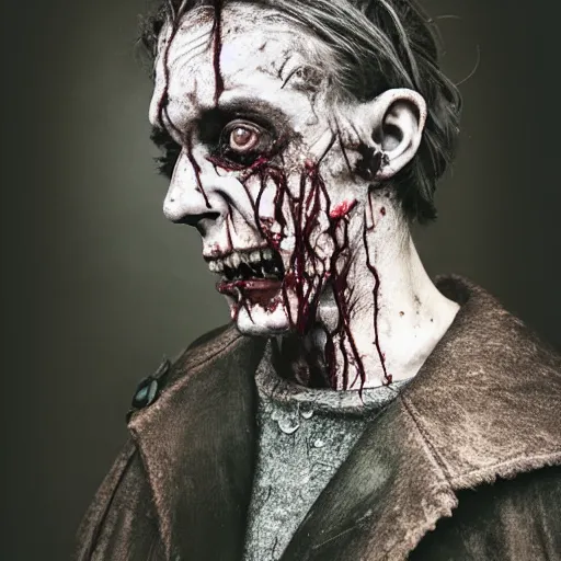 Image similar to head and shoulders vogue fashion photo portrait of a decaying male medieval villager zombie in a dark nighttime medieval graveyard, d & d