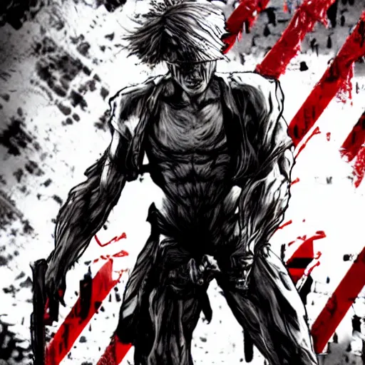 Prompt: Metal Gear Revengeance Raiden as The American Psycho, cinematic still, sweating hard