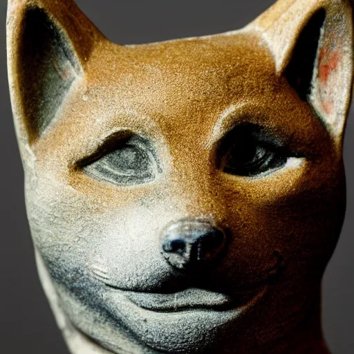 Prompt: an ancient old statuette with the face of a shiba inu, close up photo, ultra realistic, studio photo, bokeh. intricate details.