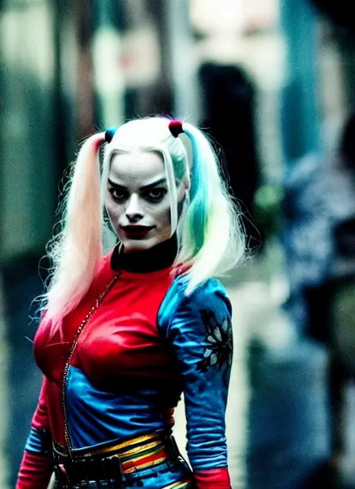 Prompt: 5 0 mm photo of beautiful suicide squad happy margot robbie with long white hair that looks like harley quinn standing on the wet street of gotham city at night, angry frown, glamour pose, watercolor, frank miller, moebius, jim lee, annie leibowitz