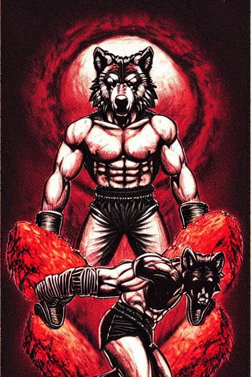 Image similar to extreme long shot. 8 bit nes graphics. antropomorphic muscular masculine wolf. kickboxer fighter, in shorts. wolf head. angry. fine details, very sharp, art from nes game cartridge, 8 0's, vhs artefacts, vaporwave style, marc simonetti and hermann nitsch and anish kapoor.