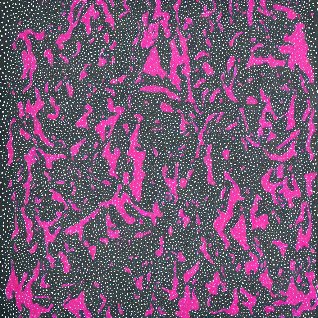 Image similar to camo made of out teeth, smiling, abstract, maya bloch artwork, pink convertible, do hoang tuong artwork, cryptic, dots, stipple, lines, splotch, color tearing, pitch bending, faceless people, dark, ominous, eerie, minimal, points, technical, old painting