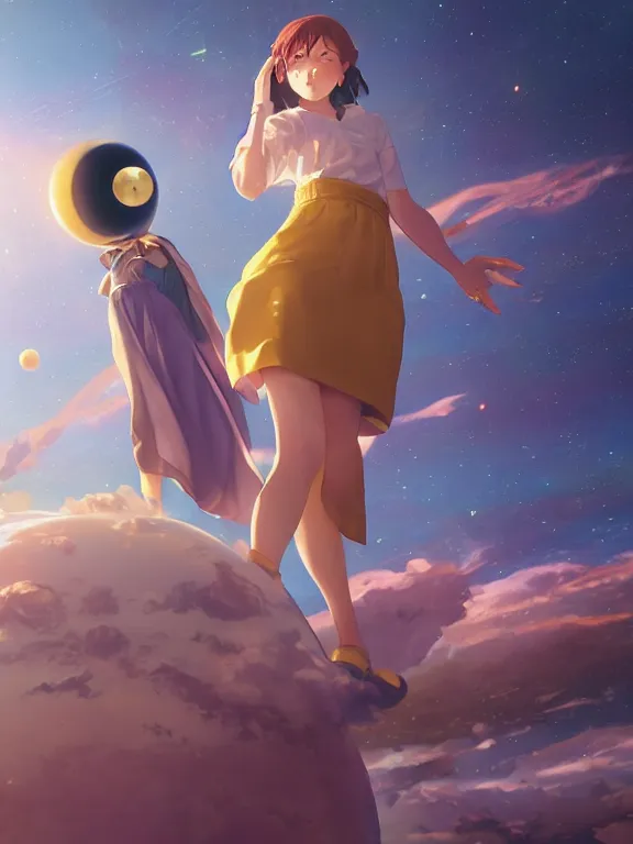 Prompt: a godly, wise, powerful giant girl wearing a skirt in space holding a model of a Saturn in her left hand. Soft lighting, cosmic skies, stunning, 8K, no planets, octane render. By Makoto Shinkai, Stanley Artgerm Lau, WLOP, Rossdraws, James Jean, Andrei Riabovitchev, Marc Simonetti, krenz cushart, Sakimichan, D&D trending on ArtStation, digital art.