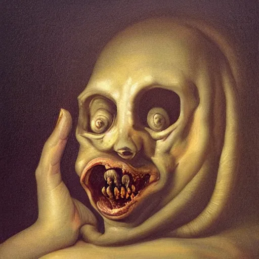 Image similar to oil painting with black background by christian rex van minnen rachel ruysch dali todd schorr of a symmetrical chiaroscuro portrait of an extremely bizarre disturbing mutated man with acne intense chiaroscuro cast shadows obscuring features dramatic lighting perfect composition masterpiece