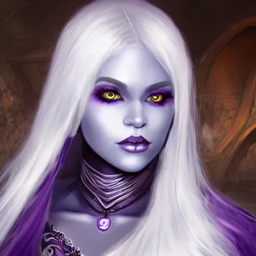 Image similar to portrait of a female fantasy drow, dark elf, with large blue eyes, dark purple skin, and medium-length silver hair, realistic, d&d character art