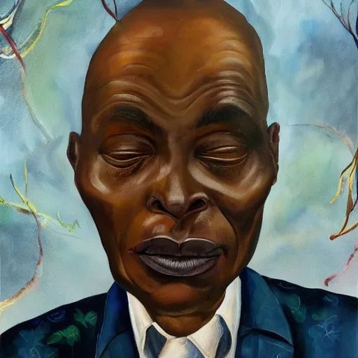 Image similar to a painting of a fatherly wide forehead, round face, XXL , loving, caring, generous, ever-present, humble, wise elder from Kenya in a suit by Wangechi Mutu . Fatherly/daddy, focused, loving, leader, relaxed,. ethereal lights, details, smooth, sharp focus, illustration, realistic, cinematic, artstation, award winning, rgb , unreal engine, octane render, cinematic light, macro, depth of field, blur, red light and clouds from the back, highly detailed epic cinematic concept art CG render made in Maya, Blender and Photoshop, octane render, excellent composition, dynamic dramatic cinematic lighting, aesthetic, very inspirational, arthouse.