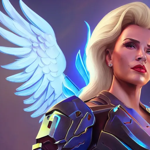 Image similar to a screenshot of arnold schwarzenegger as mercy in overwatch, angel wings, halo, portrait, fantasy, beautiful face, vivid colors, elegant, concept art, sharp focus, digital art, hyper - realistic, 4 k, unreal engine, highly detailed, hd, dramatic lighting by brom, trending on artstation