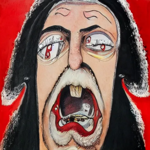 Prompt: a detailed portrait painting of santa on the cross by gerald scarfe and ralph steadman