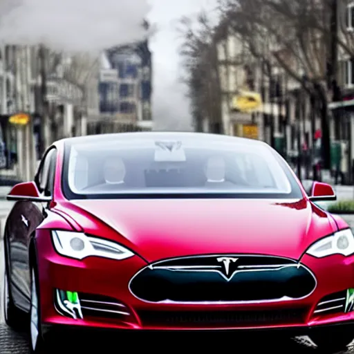 Prompt: a cloudy day with a tesla in a street