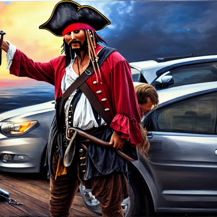 Image similar to a pirate downloading a car, oil on canvas, dramatic lighting, comedy, 8 k