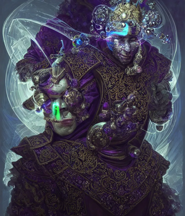 Image similar to front!!! shot of a court jester!!! character, hyperdimensional, bioluminescent hypercubes, dark holography!!!, spectral, chrome, (((intricate))), elegant, highly detailed, centered, (((artstation, concept art, smooth, sharp focus, artgerm, Tomasz Alen Kopera, Peter Mohrbacher, donato giancola, Joseph Christian Leyendecker, WLOP, Boris Vallejo))), mugshot!!!!!, ugly!!!!!!, octane render, nvidia raytracing demo, octane render, nvidia raytracing demo, octane render, nvidia raytracing demo, grainy, muted, 8K, digitalblasphemy, metatron