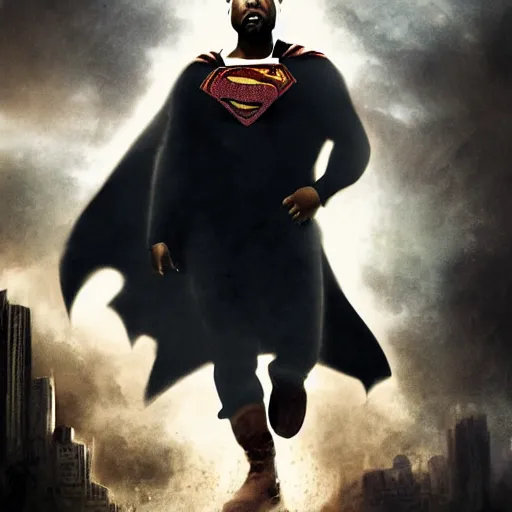 Image similar to Portrait of Kanye West as superman, heroic, amazing splashscreen artwork, splash art, head slightly tilted, natural light, elegant, intricate, fantasy, atmospheric lighting, cinematic, matte painting, detailed face, by Greg rutkowski