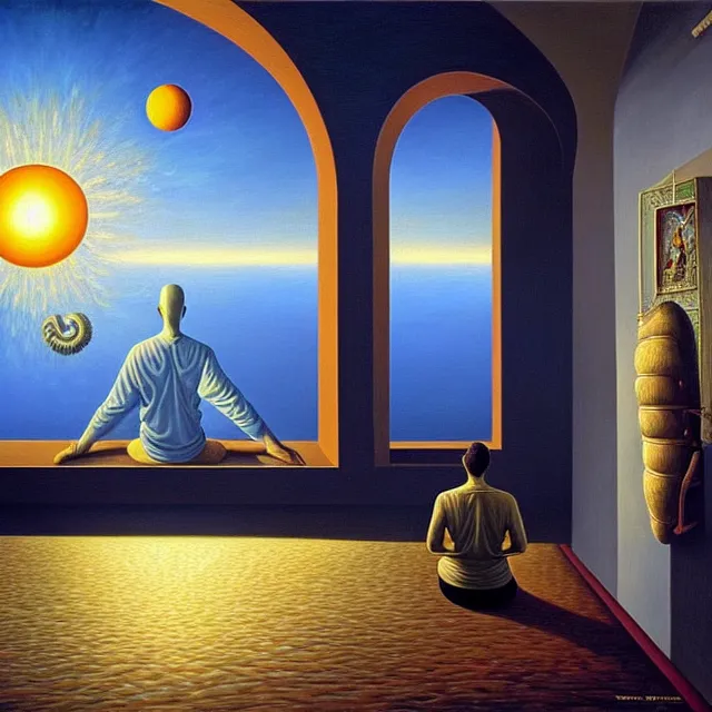 Prompt: an oil on canvas portrait of a man meditating and the sun is shining through the window, surrealism, surrealist, lovecraftian, cosmic horror, rob gonsalves, high detail