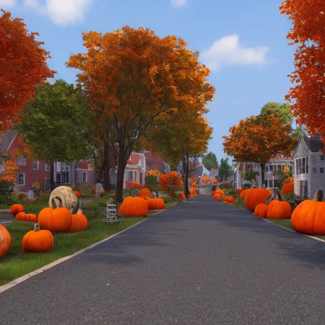 Prompt: small new england colonial city street with shops and pumpkins, maple trees with fall foliage, volumetric, realistic, cinematic lighting, ray tracing, unreal engine 5, octane render, hyper realistic, photo, 8 k