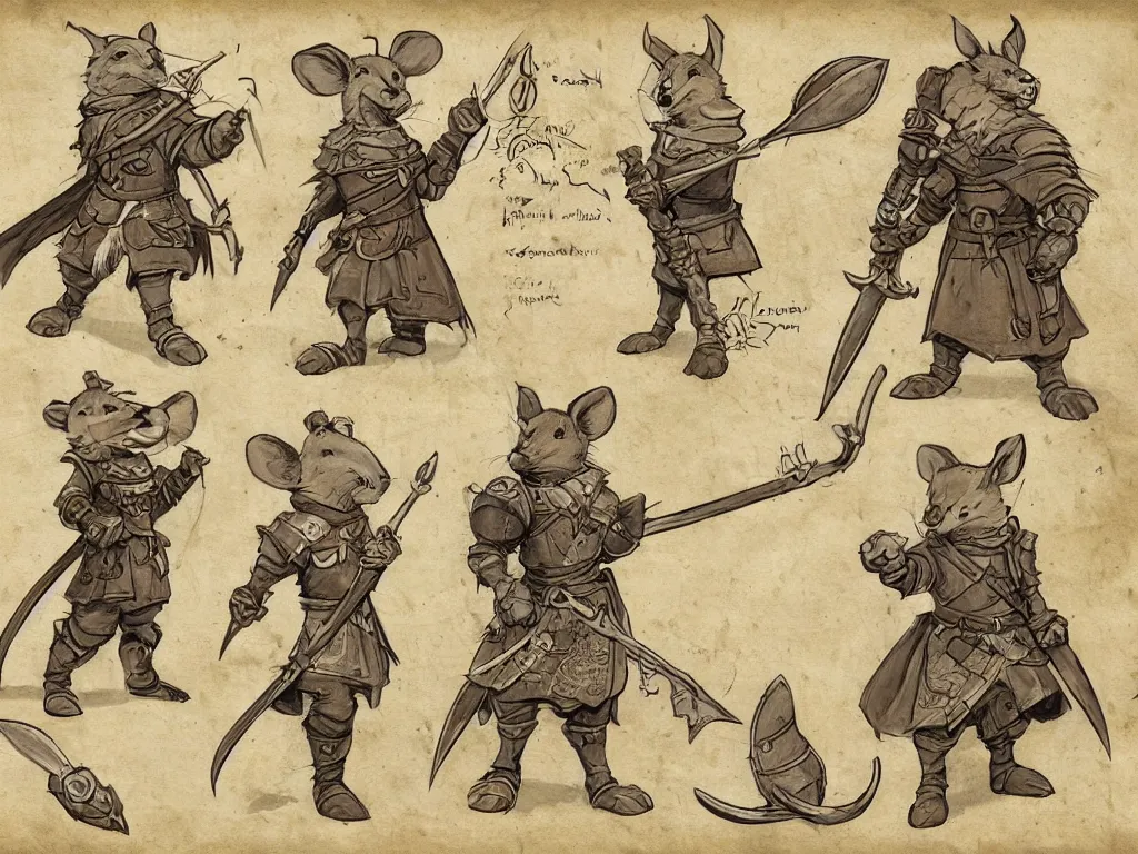 Image similar to character design sheet for a heroic mouse knight with sword and shield on a parchment background, redwall, greg rutowski and jean baptiste monge, very very detailed, epic fantasy concept art