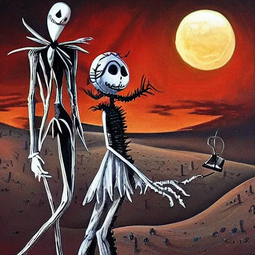 Image similar to “ a nightmare before christmas, jack skellington dances with sally, dystopian desert christmas, award winning, in the style of paul bonner, oil on canvas. ”