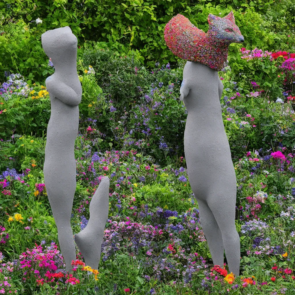 Image similar to folk art garden sculptures in an english cottage garden, cottagecore flower garden, master gardener, concrete sculpture of a kitsune, colorful mosaic, color blocking, sculpture by wouterina de raad!!!, art by james tellen, highly detailed, realistic anatomical proportions, textured hand built concrete sculpture, amazing concrete sculpture, 4 k