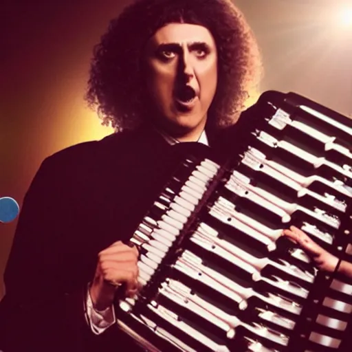 Image similar to weird al yankovic in a rocketship panicking while holding an accordion, close up