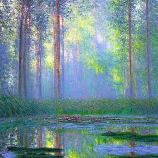 Image similar to A magical forest by Greg Rutkowsky and Claude Monet