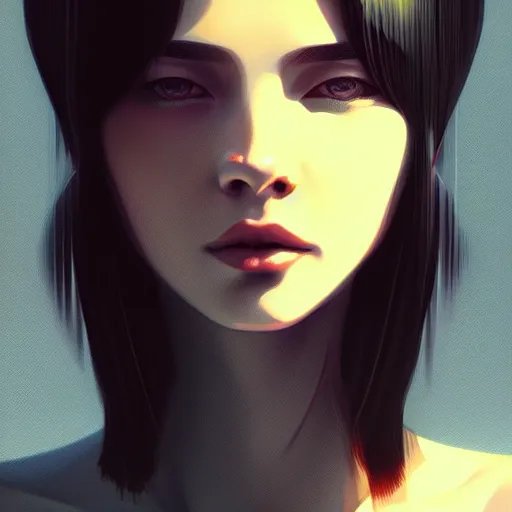 Image similar to portrait of beautiful girl with robot body by ilya kuvshinov, close up, portrait, cinematic, elegant, artstation, intricate, highly detailed, digital painting, artstation, concept art, sharp focus, illustration, cyberpunk, cgsociety, 8 k