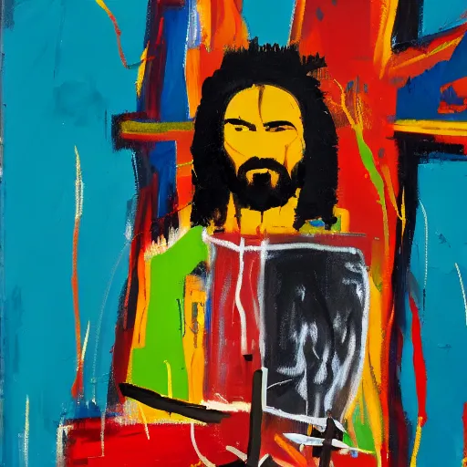 Prompt: oil painting of Jesus on the cross in the style of Basquiat, 8k