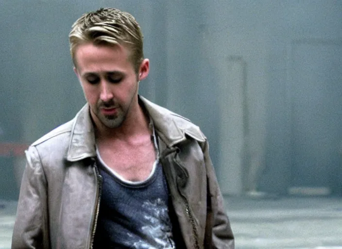 Image similar to film still of Ryan Gosling as Jack wearing feather jacket in Fight Club 1999