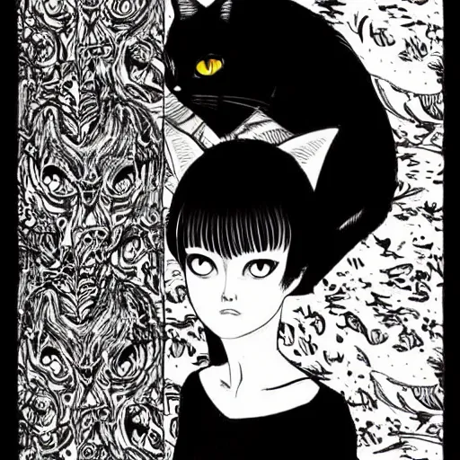 Prompt: portrait of a beautiful woman, gothic, cat eyes, high detail, illustration by junji ito