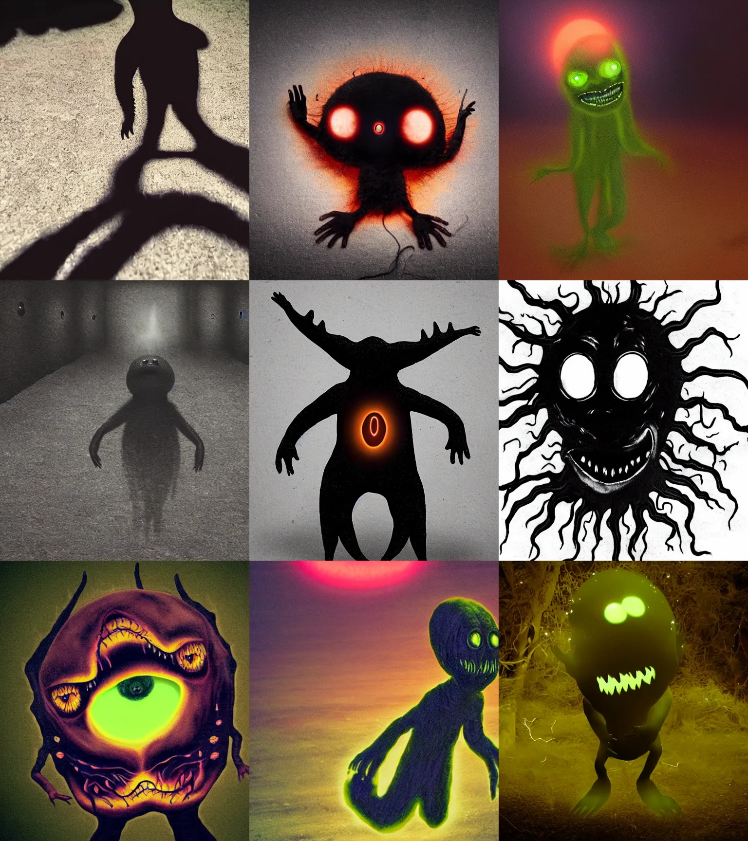 Prompt: unsettling strange creature. slimy faceless spiritual shadow entity thing. big screaming yelling bad horrid crawling approaching fast, running towards you, motion blur, horror, cute animal with glowing eyes, eerie alien