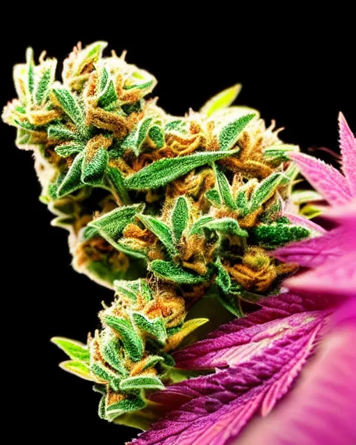 Prompt: beautiful marijuana flower with buds covered in stunning trichomes, extreme close - up highly - detailed macro photography, focus, centered, rim lighting, dslr in the style of erik christiansen