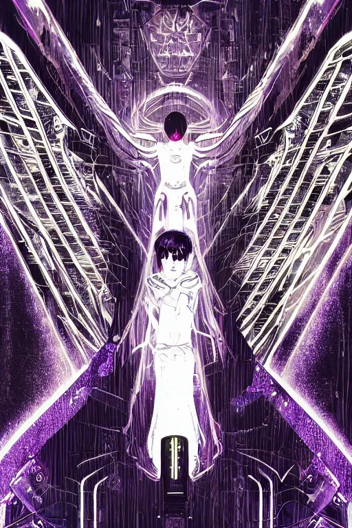 Image similar to white arc-angel with mystic robotic wings, blade runner, akira, ghost in the shell, 2077, style of Laurie Greasley and Satoshi Kon + symmetric lights and smoke, psychedelic effects , glowing particles, neon rain, glowing runes, de-noise, symmetrical composition, high detailed + tarot card, ornate border, 8k