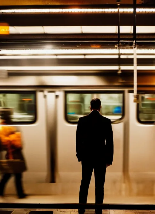 Prompt: a 3 5 mm photo from the back of a businessman standing on a subway platform, splash art, movie still, bokeh, canon 5 0 mm, cinematic lighting, dramatic, film, photography, golden hour, depth of field, award - winning, anamorphic lens flare, 8 k, hyper detailed, 3 5 mm film grain