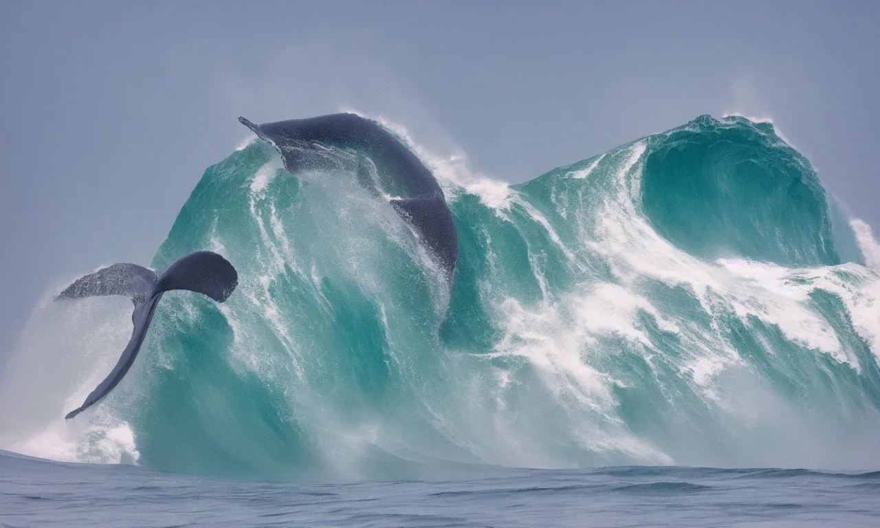 Prompt: dozens of gigantic whales surfing a big wave, photography by Hayden Richards, award winner, slow motion, refractions, summer, colored, nazare (portugal), 180mm, cinematic,